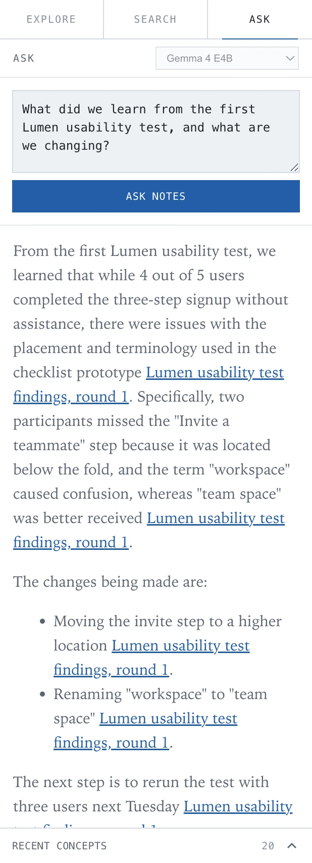 An Ask answer with citations linking to local notes