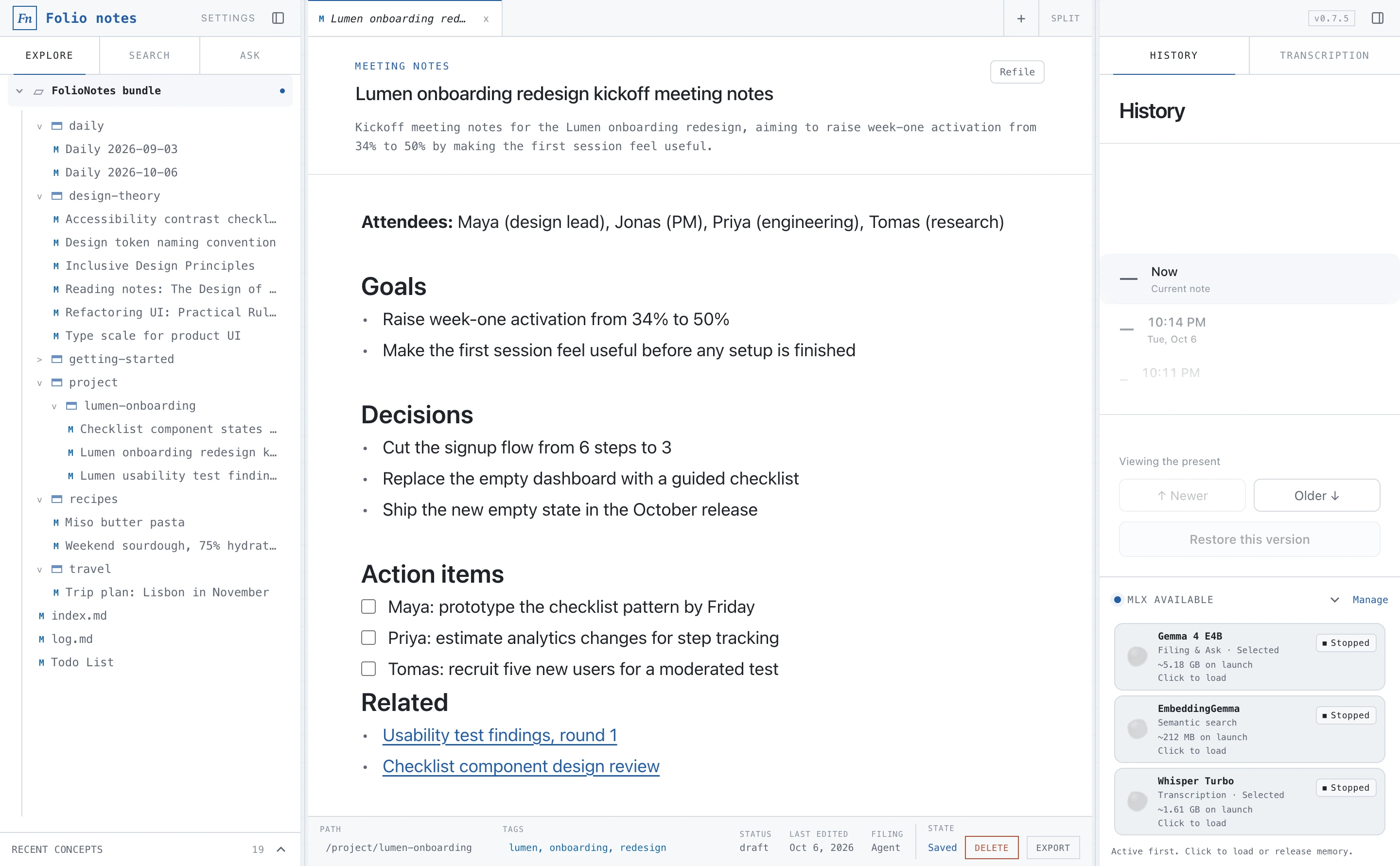 The FolioNotes window with a note being captured, a file explorer on the left and filing suggestions