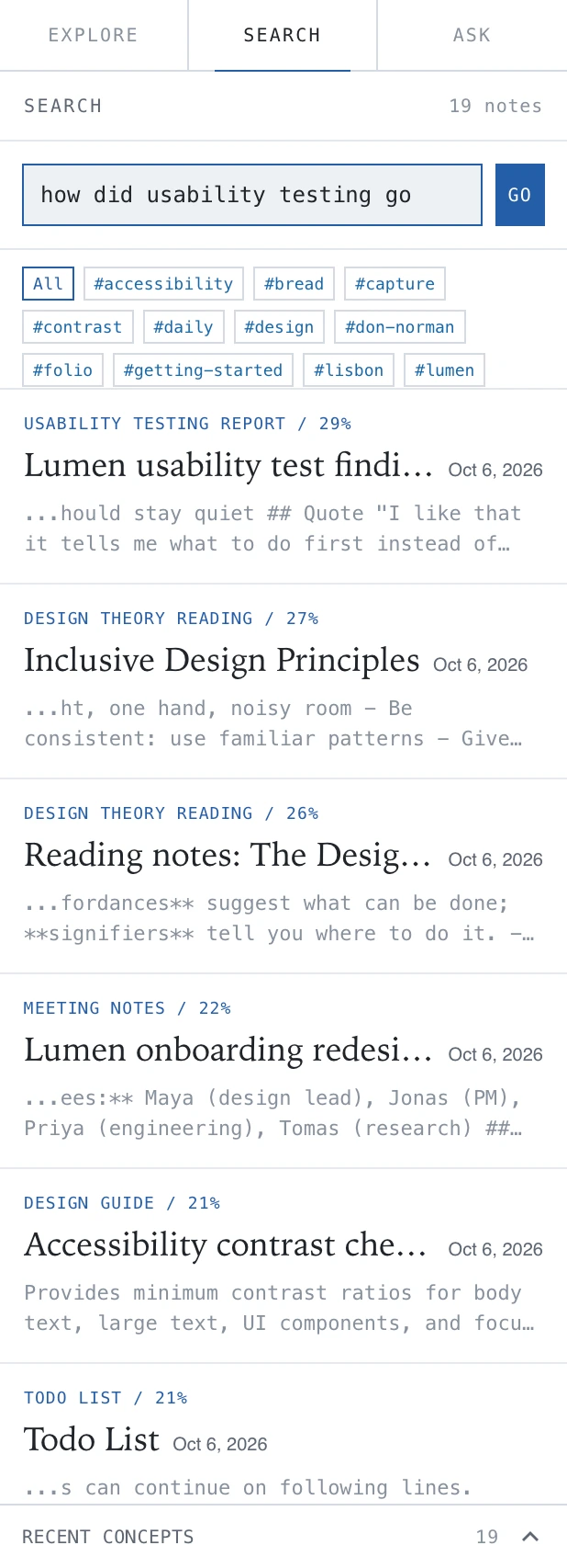 Hybrid search results across notes