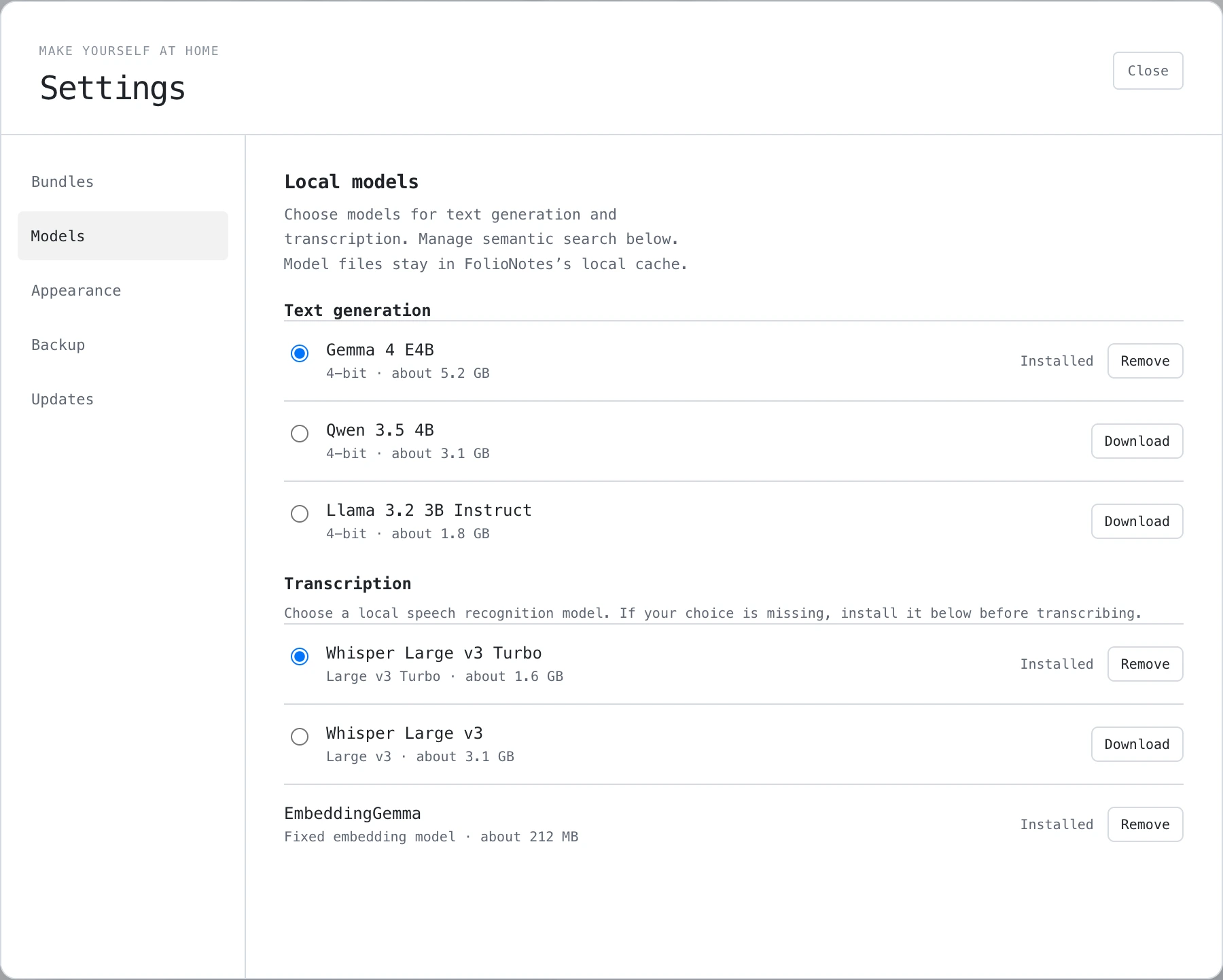 Model settings listing installed and downloadable local models