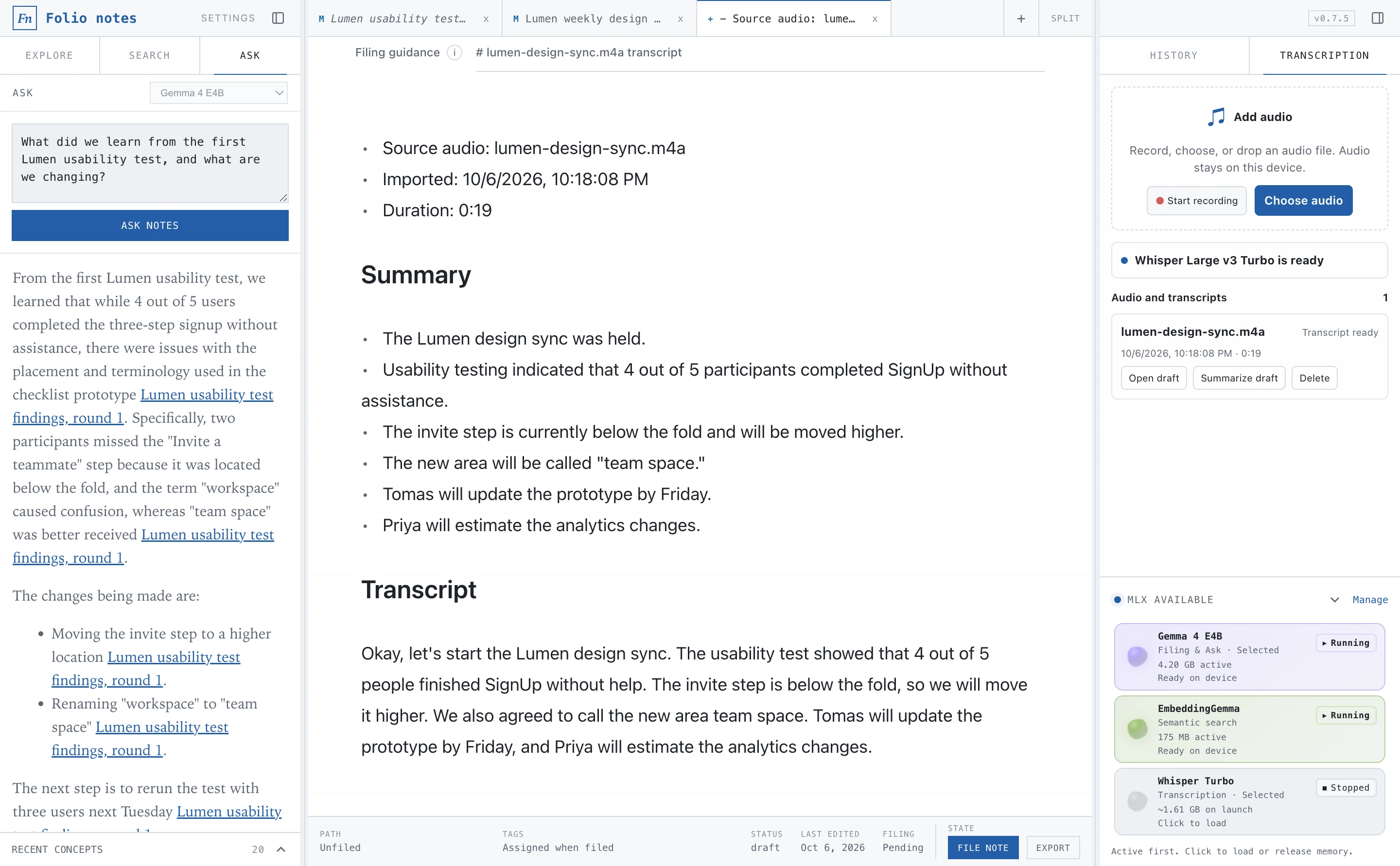 FolioNotes: Transcription